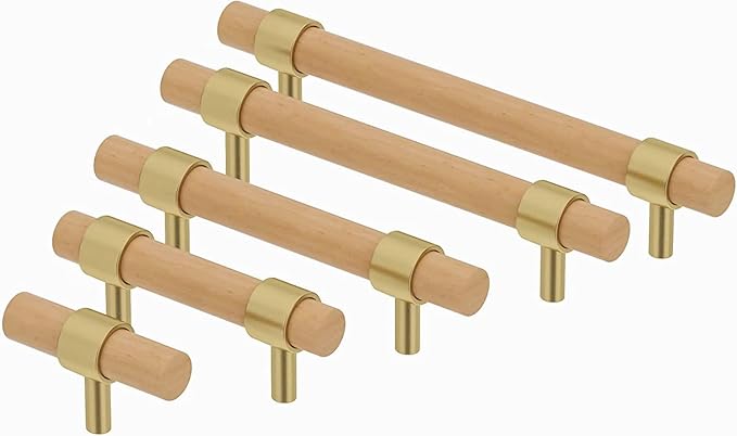 Wooden Drawer Pulls,6-Pack Beech Wood Drawer Handles 2.5in,Suitable for Kitchen, Living Room, Bedroom, Bathroom and Other Scenes,Gold