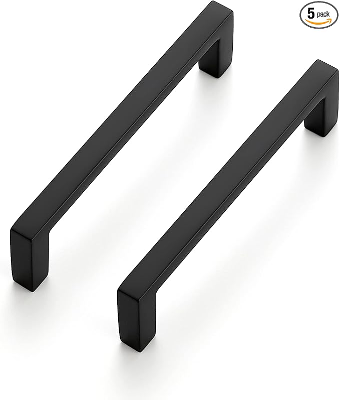 Ravinte 5 Pack Matte Black Cabinet Pulls, 3-3/4 Inch (96mm) Hole Center Slim Kitchen Handles, Square Drawer Pulls for Cabinets & Cupboards, Hardware