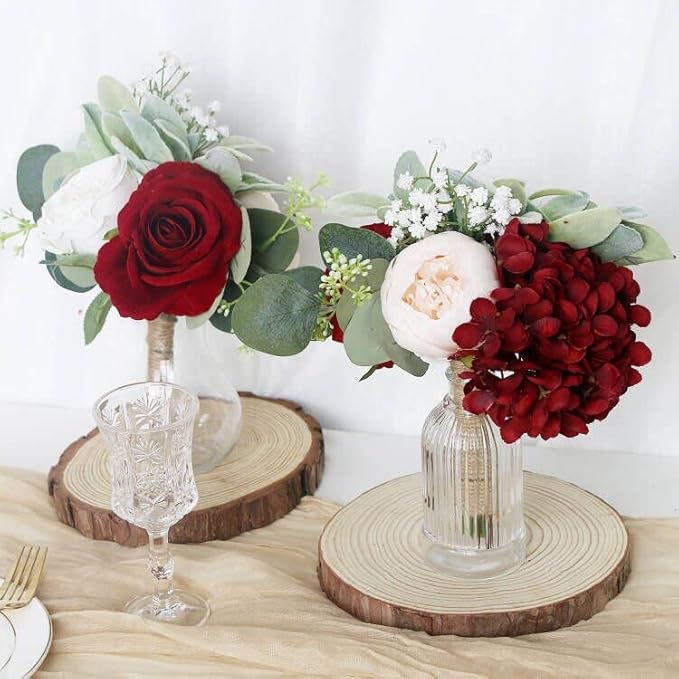 Artificial Flowers Bridesmaid Bouquets - Set of 2 Bridesmaid Bouquet Burgundy White Handmade Silk Floral Bouquet for Wedding Ceremony Anniversary, Bridal Shower, Home Table Decorations