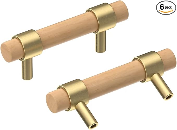 Wooden Drawer Pulls,6-Pack Beech Wood Drawer Handles 2.5in,Suitable for Kitchen, Living Room, Bedroom, Bathroom and Other Scenes,Gold