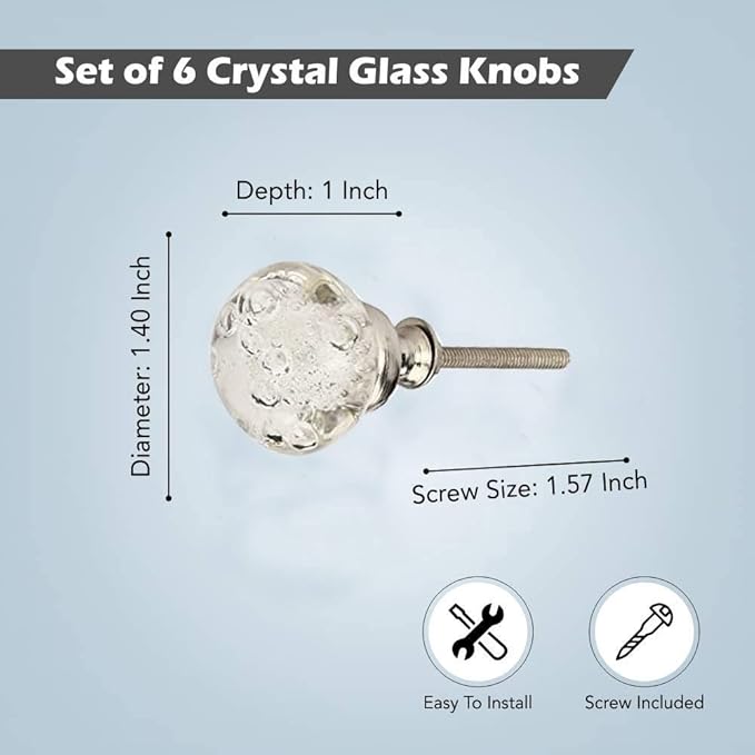 Perilla Home Set of 6 Crystal Bubble Knobs Decorative Glass Knobs for Home Kitchen Cabinet Vintage Hardware Cupboard Door Dresser Wardrobe Drawer Pulls (Clear)