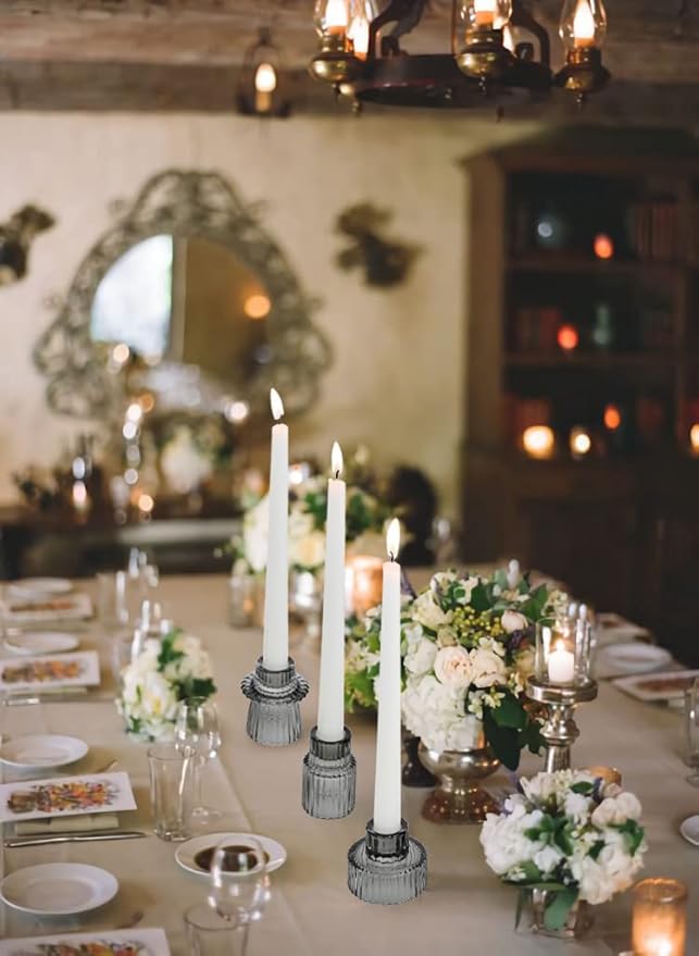 Vixdonos Taper Glass Candlestick Holders Tealight Candle Holders for Table Centerpieces, Wedding Decor and Dinner Party (3 Pcs, Gray)