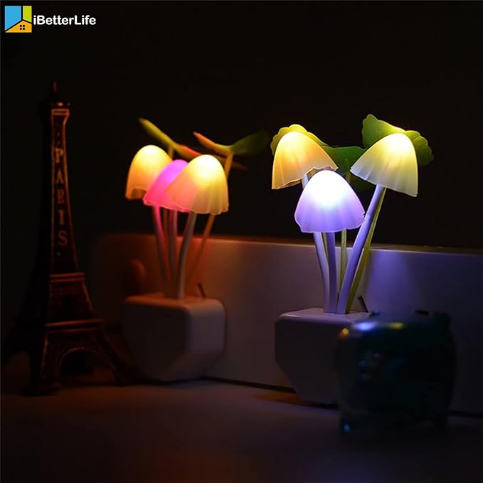 iBetterLife LED Night Light Smart Sensor 0.6W Color Changing Plug-in Night Lights for Kids Adults Cute Mushroom Night Light Bedroom Home Decor Light Wall Lamps NightLight