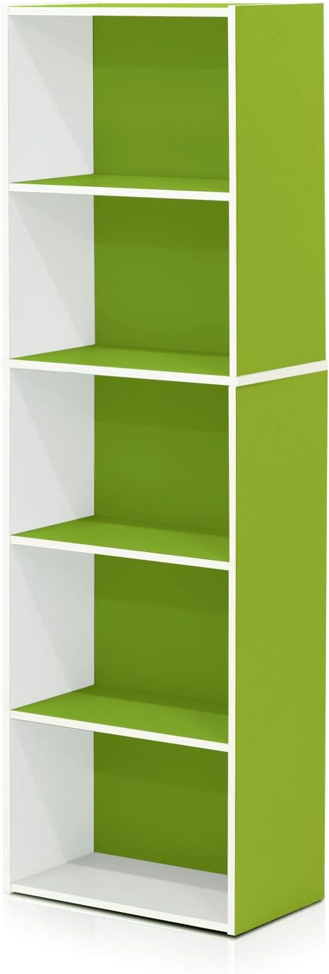 Furinno LUDER Book Shelf, 5-Tier Bookshelf, Bookcase, 9.4" x 15.8" x 52", for Living Room, Bedroom, Home Office, White/Green