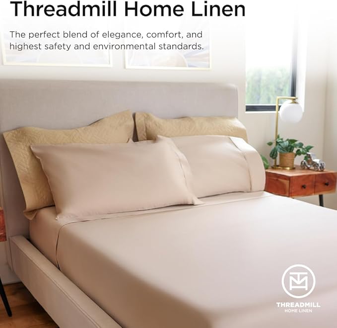 Threadmill Luxury 800 Thread Count King 100% Cotton Sheets - Light Beige Sateen Weave Bed-Sheets, Better Than Egyptian Cotton,4 Pc Solid Soft Bedding Set, Fits 16" Deep Pocket