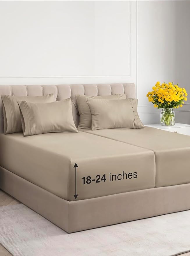 Extra Deep Split King Sheet Set - 7 Piece Breathable & Cooling Sheets - Hotel Luxury Bed Sheets Set - Easy & Secure Fit - Soft, Wrinkle Free & Comfy Sheets Set - Cream Sheet Set w/Extra Deep Pockets