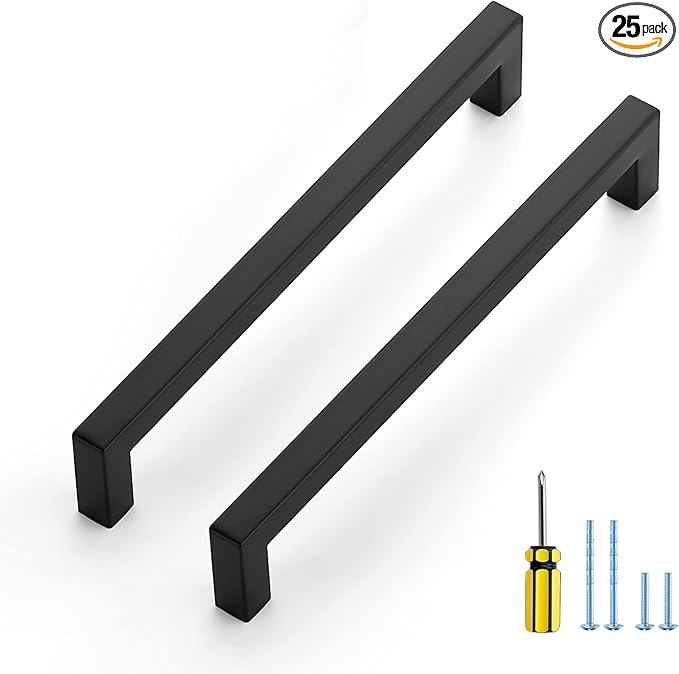 Ravinte 25 Pack Square Cabinet Pulls 7-1/2 Inch Black Kitchen Cabinet Handles Matte Black Kitchen Hardware for Drawer Pulls Drawer Handles Come with Screwdriver