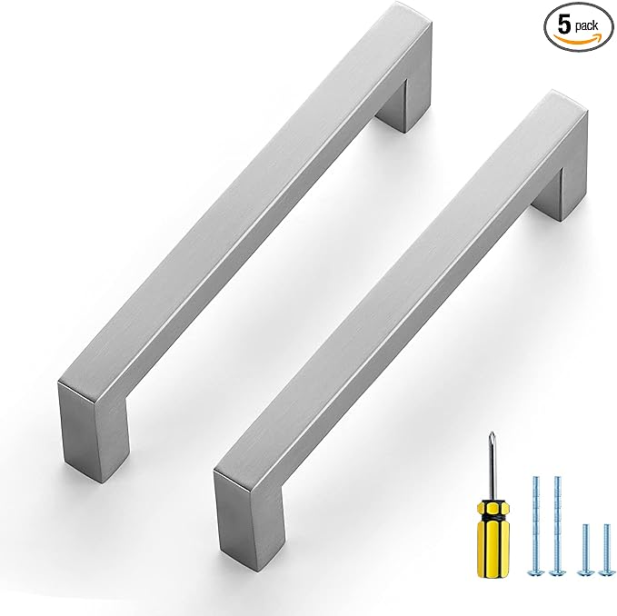 Ravinte 5 Pack Brushed Nickel Kitchen Cabinet Handles 5 Inch Cabinet Pulls Square Kitchen Hardware for Cabinet Drawer Pulls Drawer Handles Come with Screwdriver
