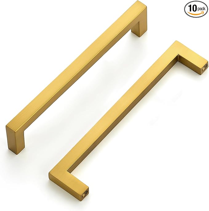 Ravinte 10 Pack Solid Gold Kitchen Cabinet Handles Slim Drawer Pulls with 5 Inch Hole Center Square Bar Cupboard Hardware