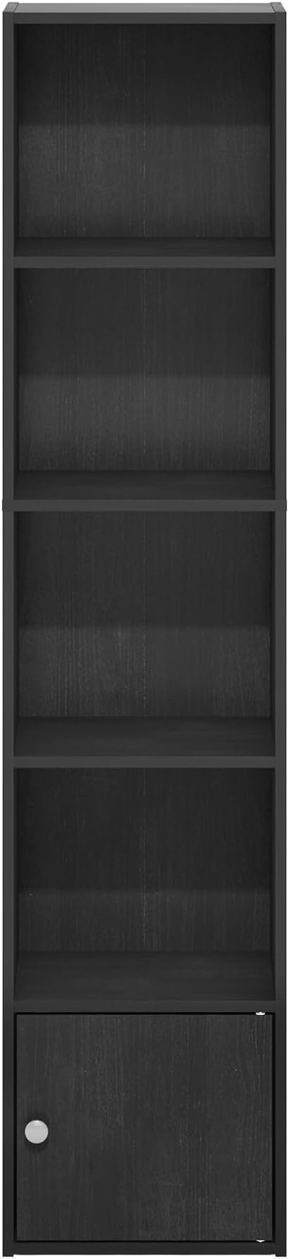 Furinno LUDER Book Shelf, 5-Tier Modern Bookshelf, Bookcase with 1 Door Storage Cabinet, 9.3" x 12" x 52", for Living Room, Bedroom, Home Office, Blackwood