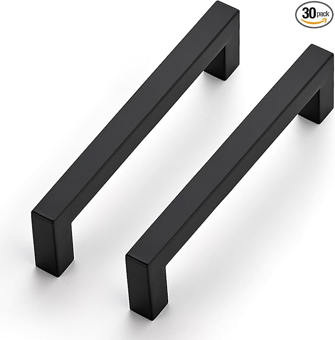 JOY DECOR 30 Pack Cabinet Handles, Black Cabinet Pulls, 5 Inch Kitchen Closet Handles Square Drawer Pulls Stainless Steel Drawer Hardware, 128mm Hole Centers