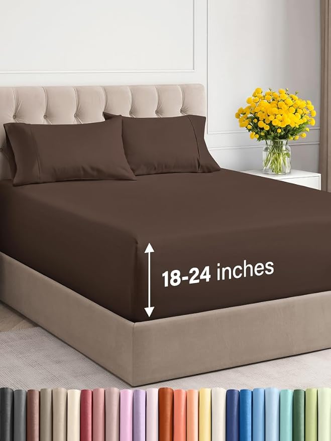 Extra Deep Twin Sheet Set - 4 Piece Breathable and Cooling Sheets - Hotel Luxury Bed Sheets Set - Easy & Secure Fit - Soft, Wrinkle Free and Comfy Sheets Set - Brown Sheet Set with Extra Deep Pockets