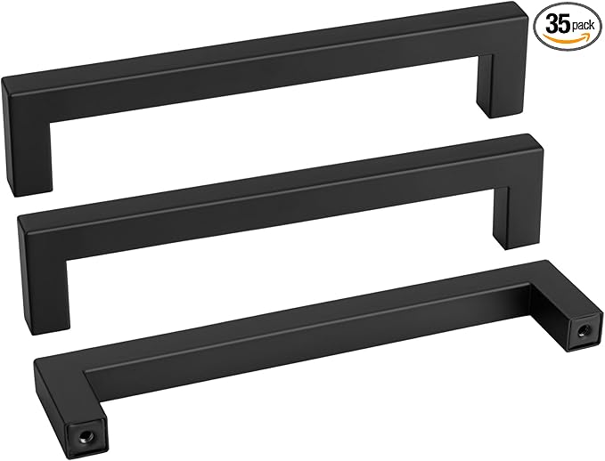 goldenwarm 35 Pack 7-1/2 Inch Black Cabinet Handles Matte Black Drawer Pulls Stainless Steel Cabinets Hardware Square Bar Modern for Kitchen Bathroom Cupboard