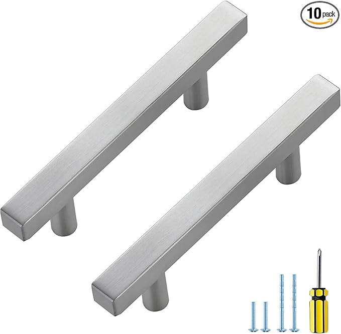 Ravinte 10 Pack Cabinet Handles 3 Inch Brushed Nickel Cabinet Pulls Square Hardware for Kitchen Cabinets - 5 Inch Total Length