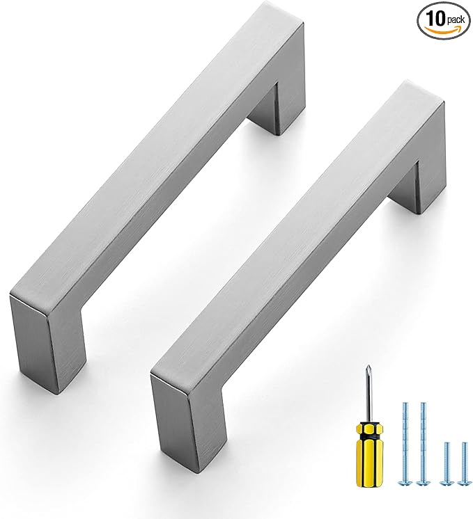 Ravinte 10 Pack Brushed Nickel Kitchen Cabinet Handles 3-1/2 Inch Cabinet Pulls Square Kitchen Hardware for Cabinet Drawer Pulls Drawer Handles Come with Screwdriver