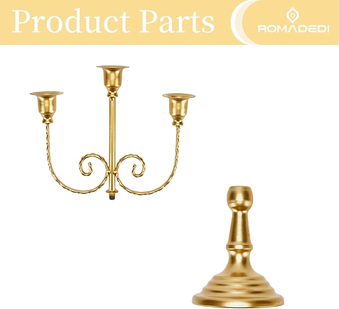 Romadedi Candelabra Gold Candle Holders - 3 Arm 11.8" Wedding Candlestick Holder for Theme Party Table Centerpiece Decor Dining Room Birthday Holiday Christmas