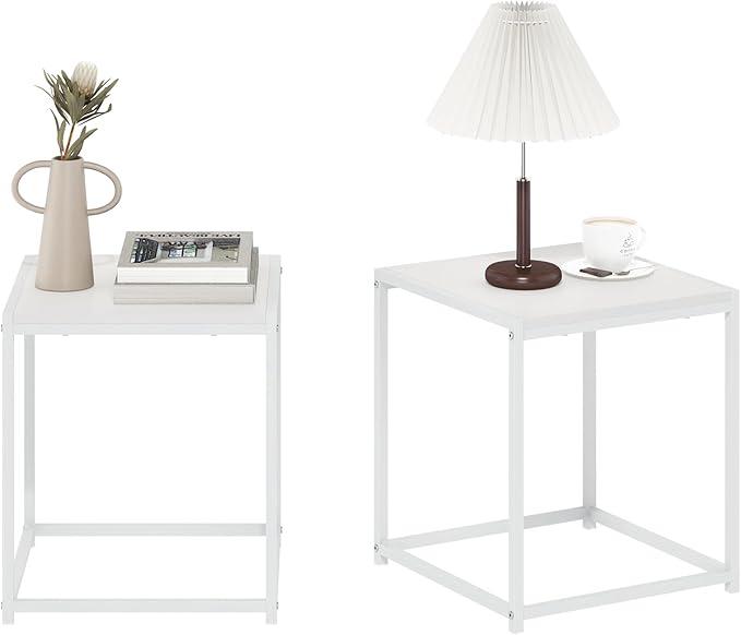 Furinno CAMNUS Side Table Set of 2, Metal Frame End Table, Night Stand, Bedside Table, for Living Room, Bedroom, Solid White