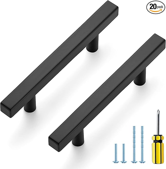 Ravinte Cabinet Handles 20 Pack - 3-1/2 Inch Matte Black Square Pulls, 6 Inch Overall Length - Kitchen Hardware Drawer Pulls