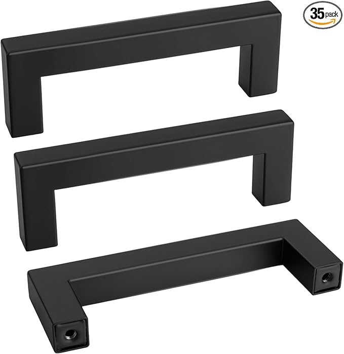 goldenwarm 35 Pack 3-1/2 Inch Black Cabinet Handles Matte Black Drawer Pulls Stainless Steel Cabinets Hardware Square Bar Modern for Kitchen Bathroom Cupboard