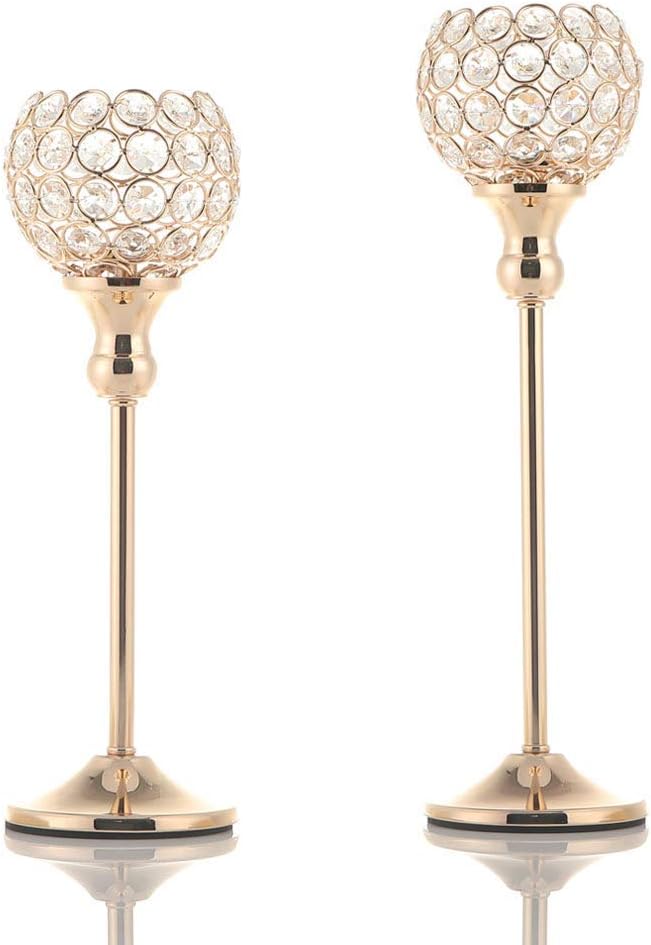 VINCIGANT Gold Crystal Candle Holders Set of 2,Pillar Candlesticks for Table Centerpieces, Christmas Home Decor Wedding Party Housewarming Gift