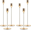 Gold Taper Candle Holder Set of 6, Brass Gold Tall Candlestick Holders, Metal Vintage Candle Stickers Long Holder Set, Pillar Decorative Candle Holder Fits 3/4 Inch Candle