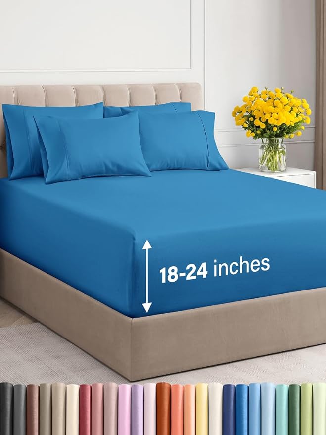 Extra Deep Cal King Sheet Set - 6 Piece Breathable and Cooling Sheets - Hotel Luxury Bed Sheets Set - Easy Fit - Soft, Wrinkle Free and Comfy Sheets Set - Denim Blue Sheet Set with Extra Deep Pockets