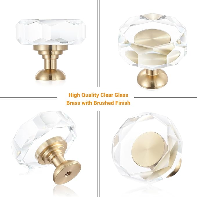 6-Pack 1-1/4-Inch White Cabinet Glass Crystal Patterned knob Brass Drawer Dresser Pulls, Gold Hardware Kitchen Closet knobs for Bifold Doors