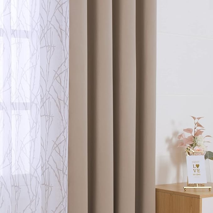 BONZER Mix and Match Curtains - 2 Pieces Branch Print Sheer Curtains and 2 Pieces Blackout Curtains for Bedroom Living Room Grommet Window Drapes, 37x95 Inch/Panel, Taupe, Set of 4 Panels