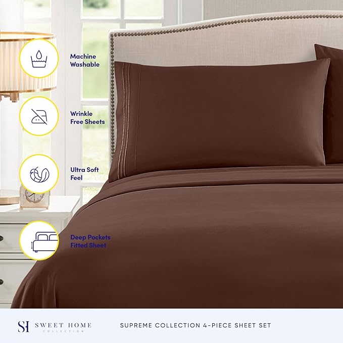 Twin XL Sheets - Breathable Luxury Sheets with Full Elastic & Secure Corner Straps Built In - 1800 Supreme Collection Extra Soft Deep Pocket Bedding Set, Sheet Set, Twin XL, Brown