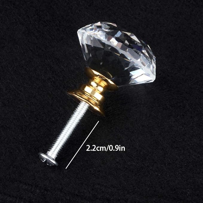 Tomorotec Elegant Crystal Diamond-Shaped Glass Drawer Pulls - Set of 12 with Golden Base and Screws, 1.2 inch/30mm - Ideal for Kitchen, Bathroom, Dresser and Wardrobe Cabinets