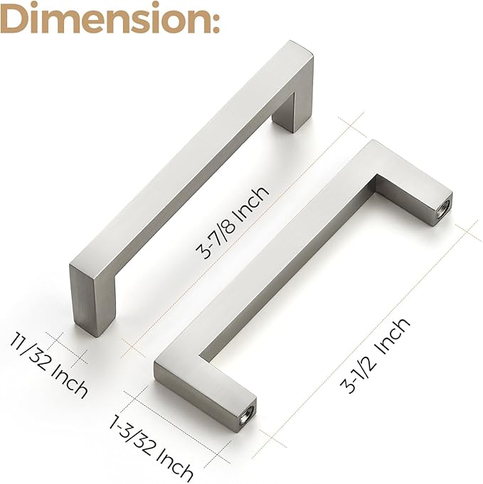 Ravinte 10 Pack Solid Brushed Nickel Kitchen Cabinet Handles Slim Drawer Pulls with 3-1/2 Inch Hole Center Square Bar Cupboard Hardware