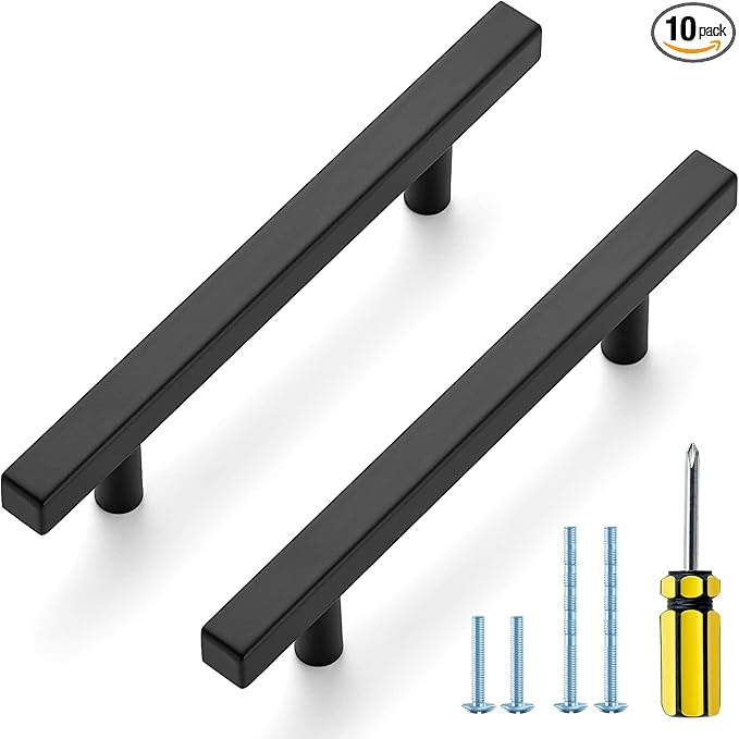 Ravinte Cabinet Handles 10 Pack - 4 Inch Hole Center Matte Black Square Pulls, Kitchen Hardware 6-3/8 Inch Overall Length, Drawer Pulls