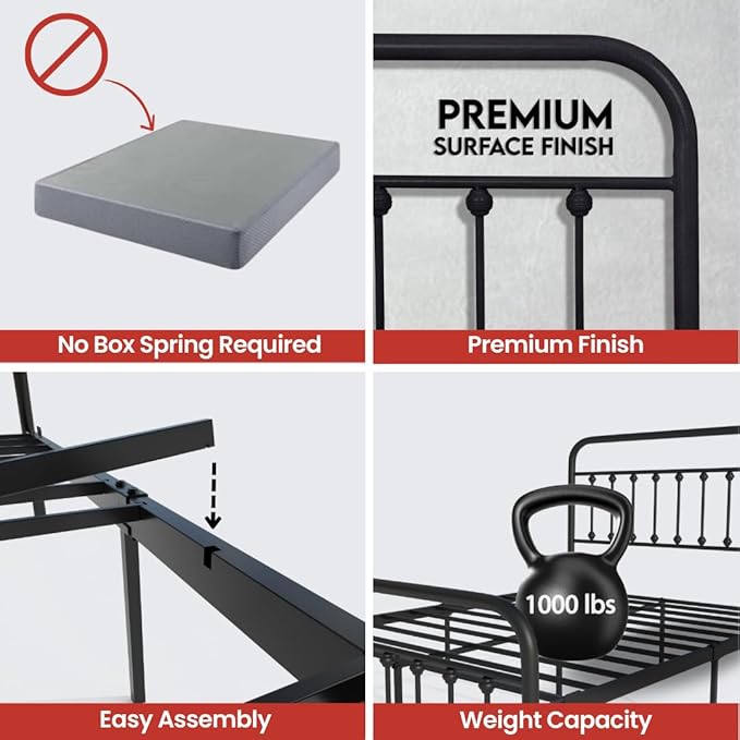 Golden Gate Beds Victorian Vintage Style King Size Metal Bed Frame with Wrought Iron Headboard and Footboard – Classic Platform Bed with 11" Storage Space, No Box Spring Required, Black Finish