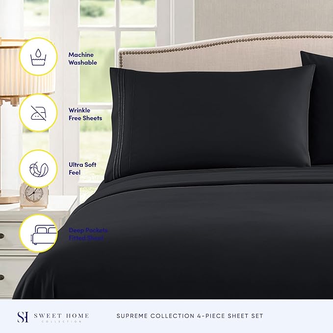 RV Queen Bed Sheets - Breathable Luxury Sheets with Full Elastic & Secure Corner Straps Built In - 1800 Supreme Collection Extra Soft Deep Pocket Bedding Set, Sheet Set, RV Short Queen, Black