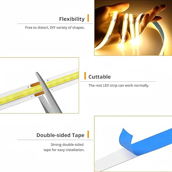COB LED Strip Light 24V, 16.4ft Touch Dimmable LED Light Strip, High Density Flexible Warm Tape Lights, CRI90+ LED Lighting for Backlighting for TV, Bedroom, Cabinet, Indoor Decor