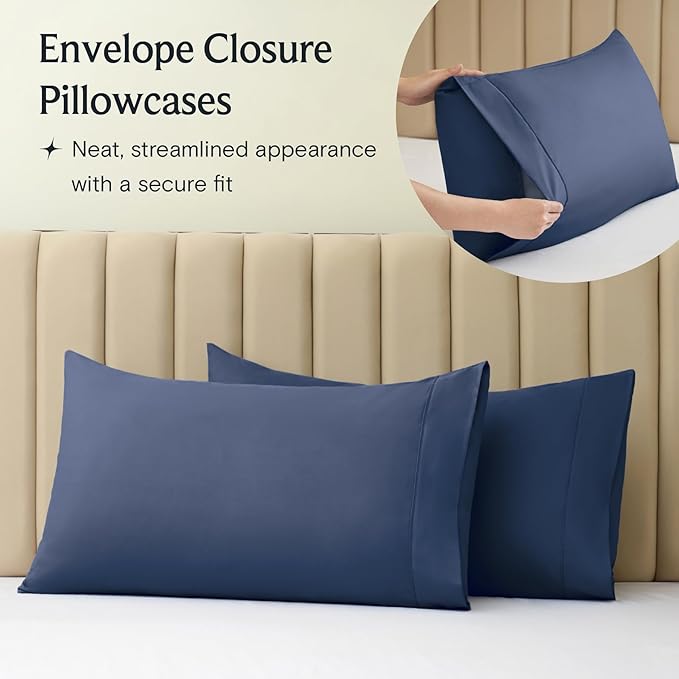 LuxClub 4 PC Queen Sheet Set, Deep Pockets Wrinkle Free Cooling Bed Sheets Hotel Bedding for Women, Men, Kids & Teens, Includes 1 Fitted Sheet, 1 Flat Sheet and 2 Pillowcases - Silky Soft Navy