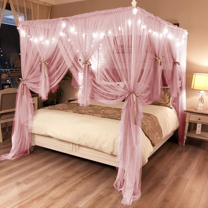 Joyreap 4 Corners Post Pink Canopy Bed Curtain for Girls & Adults - King Size Royal Luxurious Cozy Drape Netting- Cute Princess Bedroom Decoration Accessories