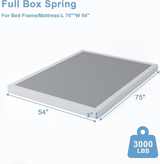 Full Box Spring 3 Inch, Low Profile Box Spring for Full Bed, Heavy Duty Mattress Foundation,Metal Bed Base with Fabric Cover/Non-Slip/Easy Assembly