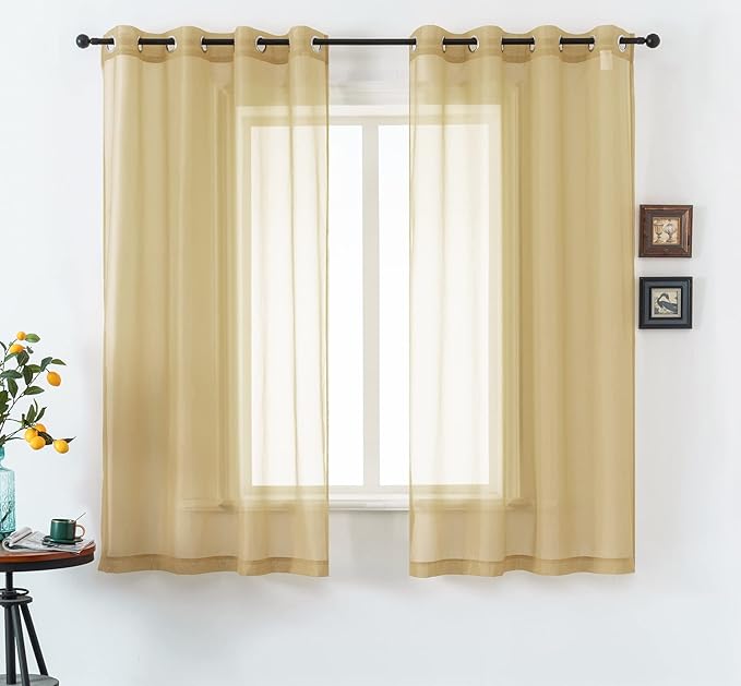 DUALIFE Tan Beige 45 Inch Short Sheer Curtains Grommet,Look Semi Sheer Windows Panels,Elegant Solid Color Touch Soft Drapes, 52X45 Inch for Living Room Bedroom,Set of 2 Panels Natural Taupe