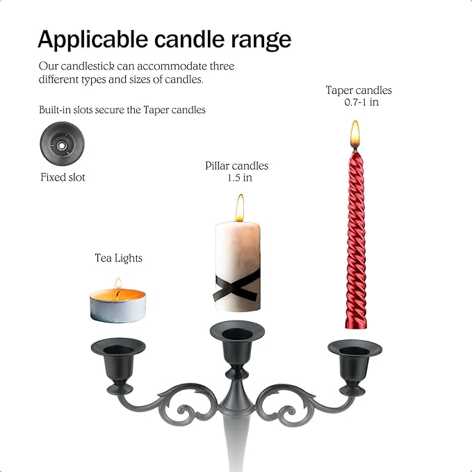 3-Candle Metal Candelabra Candlesticks Holder for Formal Events, Wedding, Church, Holiday Décor, Halloween – Taper Candle Holder Stand Centerpiece Elegant Decoration Piece for Table,Pewter
