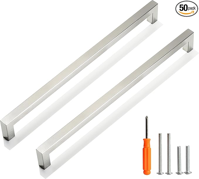 Cabinet Pulls Brushed Nickel Cabinet Handles Square Drawer Pulls, 50 Pack 12-3/5 Inch Stainless Steel Kitchen Door Cupboard Handles, Cabinet Hardware Drawer Handles, 320mm Hole Centers