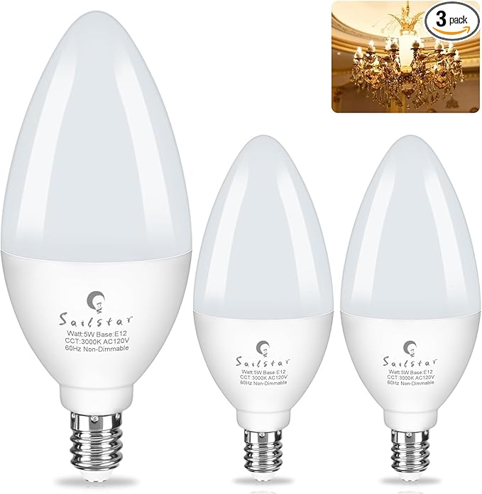 Sailstar Light Bulbs 60 Watt Equivalent, E12 Candelabra LED Light Bulbs, 3000K White, 500LM Ceiling Fan Light Bulbs, B11 Type B Bulb, Small Base Chandelier Light Bulbs 5W, CRI 85, Non-dimmable, 3 Pack