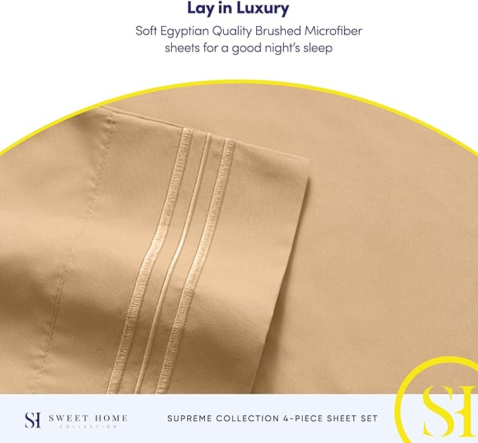 Split King Sheets - Breathable Luxury Sheets with Full Elastic & Secure Corner Straps Built In - 1800 Supreme Collection Extra Soft Deep Pocket Bedding Set, Sheet Set, Split King Size, Camel