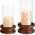 Hewory Hurricane Glass Candle Holder: 2PCS Rustic Brown Candle Holders for Pillar Candles, Vintage Decorative Wood Stand with Clear Glass Cover for Weddings Christmas Table Centerpiece Home Decor