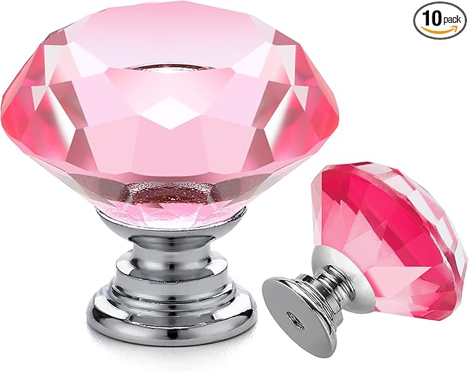 Ravinte 10 Pack Pink Crystal Knobs for Dresser Drawers Glass Cabinet Knobs Diamond Shaped Drawer Knobs - 30 mm Knobs with Silver Base