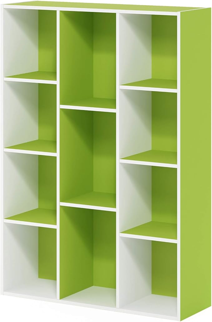 Furinno LUDER Book Shelf, 11-Cube Bookshelf, Reversible Bookcase, 9.4" x 29.1" x 41.7", for Living Room, Bedroom, Home Office, White/Green
