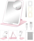 Gospire Travel Makeup Mirror with Lights and Magnification 10X, Portable Make Up Compact Tabletop Mirror with Adjustable Stand, 3 Colored Lights Rechargeable Lighted LED Vanity Mirror - Pink