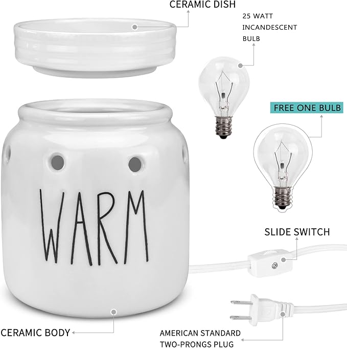 STAR MOON Rae Dunn Wax Warmer Wax Melt Warmer for Rae Dunn Inspired Decor Mason Jar Wax Warmer with Removable Dish, One More Bulb, Home Fragrance Home Decor, Glossy White (Warm)