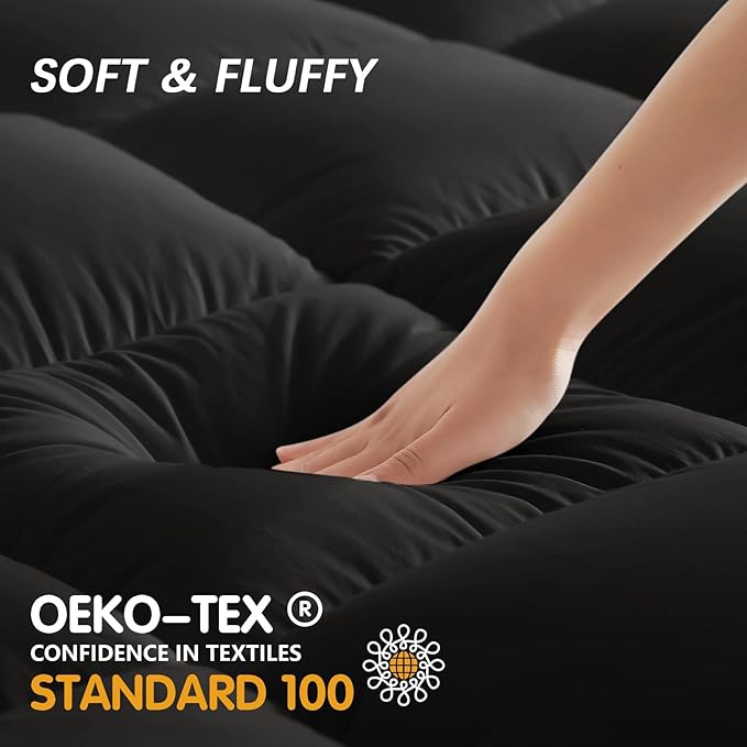 CYMULA Full Size Mattress Topper, Black Cooling Mattress Pad Cover, Thick Full Bed Pillow Topper Soft Firm with Deep Pockets, Washable Plush Down Alternative Fill Mattress Protector
