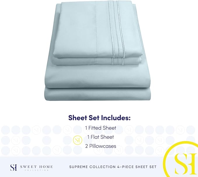 RV Queen Bed Sheets - Breathable Luxury Sheets with Full Elastic & Secure Corner Straps Built In - 1800 Supreme Collection Extra Soft Deep Pocket Bedding Set, Sheet Set, RV Short Queen, Light Blue